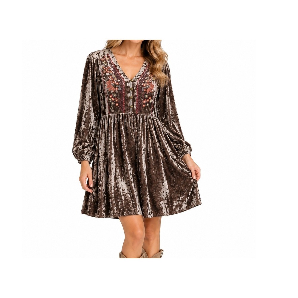 NWT Mystree Crushed Velvet Embroidered Boho Dress Brown, L
